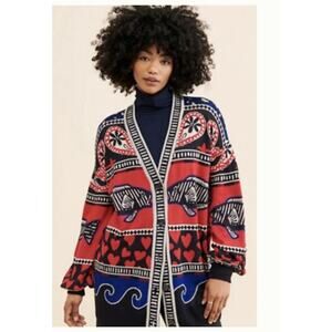FARM Rio Navy Mixed Prints Knit Cardigan Oversized S
